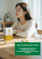 Woman sitting at a table with Oleshot packets and a box, with a promotional message on a green banner.