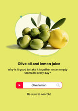 Green olives and lemon on a yellow background with text about olive oil and lemon juice.