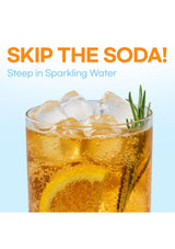 Glass of iced tea with lemon and rosemary on a light blue background with text 'Skip the Soda! Steep in Sparkling Water'.
