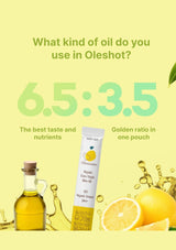 Promotional graphic for Oleshot oil with text and product images on a yellow background