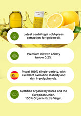 Promotional graphic for organic lemon oil with text about extraction methods and certification.