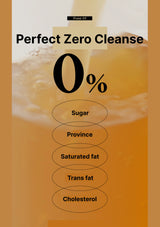 Advertisement for 'Perfect Zero Cleanse' with a drink and text highlighting zero percentages of various dietary components.