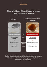 Comparison chart between vinegar and natural fermentation vinegar on a dark background.