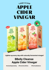 Three boxes of BBelly Cleanse Apple Cider Vinegar on a light blue background with promotional text.