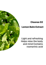 Lemon balm extract label with green leafy image and text on a white background