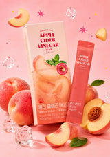 Packaged product with peach flavor on a beige background