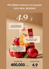 Product packaging with apples and customer testimonials on a beige background