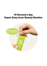 Hand holding a green packet labeled 'Apple Cider Vinegar' with text about a daily beauty routine.