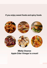 Promotional graphic with images of food and text about sweet and spicy foods and BBelly Cleanse Apple Cider Vinegar.
