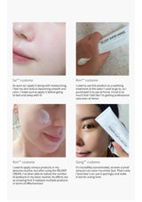 Product packaging with close-up of skin and text reviews on a white background