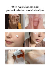 Collage of a person applying cream to their face and hands with text about no stickiness and perfect internal moisturization.