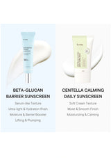Two sunscreen products with text describing their features on a white background
