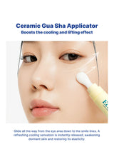 Ceramic Gua Sha Applicator being used on a person's face with text describing its benefits.