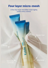 Three skincare product tubes with text explaining their ingredients on a light fabric background.