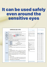 Product safety information sheet with text about safe use around sensitive eyes on a white background.