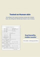 Advertisement for Lifting Anti-Wrinkle Eye Cream with text and a small image of a document on a beige background.