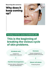 Skincare product application with text on recurring skin concerns and causes of problematic skin.