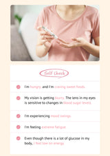 Person holding a syringe with text about symptoms of diabetes on a beige background