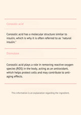 Text explaining corosolic acid and its properties on a beige background