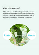 Bitter melon plant with text explaining its benefits on a light blue background