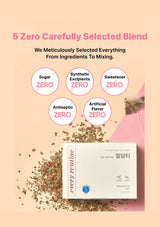 Product packaging with text highlighting zero ingredients on a beige background