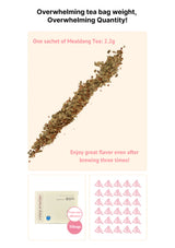 Tea packaging with Mealdang Tea sachets and text about tea weight and quantity.