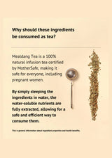 Infographic about Mealdang Tea with text and tea leaves on a beige background