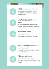 Product label with natural ingredients and features on a teal background