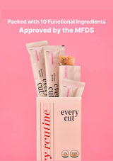 Product packaging with 'every cut' branding on a pink background, featuring text about functional ingredients and MFDS approval.