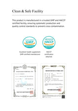 Certifications for a clean and safe facility with GMP and HACCP logos and text.