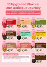 Product advertisement for a lactose-free protein shake with various flavors on a pink background.
