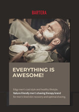 Advertisement for Bartera men's shaving brand with a man getting a shave.