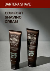 Two tubes of Bartera Comfort Shaving Cream on a gray background with 'Bartera Shave' branding.