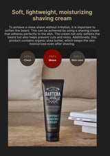 Barteria Comfort Shaving Cream tube on a wooden surface with text about shaving cream benefits.