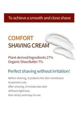 Advertisement for comfort shaving cream with a white background and text detailing product features.