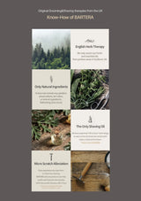 Brochure or flyer with text and images about English Herb Therapy and shaving products on a gray background.