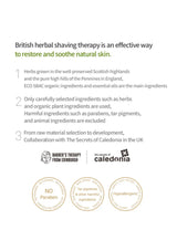 Advertisement for British herbal shaving therapy with text and logos on a white background