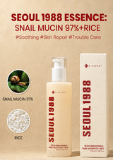 SEOUL 1988 Essence skincare product with snail mucin and rice on a beige background
