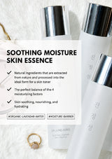 Skincare product with text about soothing moisture skin essence on a white background