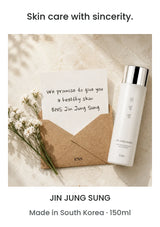 JIN JUNG SUNG essence beside a handwritten message about healthy skin