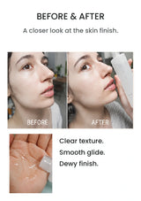 Original before-and-after photographs showing facial skin finish with JIN JUNG SUNG essence, alongside its clear texture
