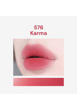 Lipstick shade 576 Karma shown on a lip with a close-up and swatch.