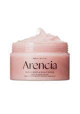 Pink jar of Arencia Cloud Body & Scalp Scrub with a white background
