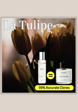 Two perfume bottles with 'La Tulipe' branding in front of tulip flowers, labeled as 99% accurate clones.
