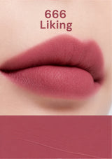 Close-up of a lip with a pink lipstick shade and text '666 Liking' on a white background.