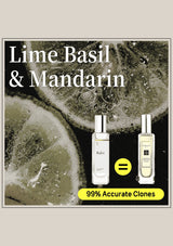 Two perfume bottles with a lemon and basil leaf, labeled 'Lime Basil & Mandarin'.