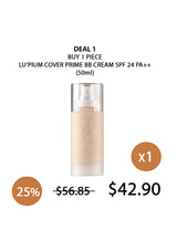 Lu'Pium Cover Prime BB Cream with pricing and promotional text on a white background