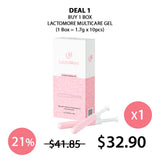 Packaging of LACTOMORE Multicare Gel, showing boxes and syringe-like applicators, in pink and white colors.