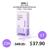Packaging of LACTOMORE Vegan Peptide Gel with branding and product information, indicating that the product is available in two sizes and is vegan certified.