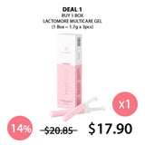 Packaging of LACTOMORE Multicare Gel, showing boxes and syringe-like applicators, in pink and white colors.